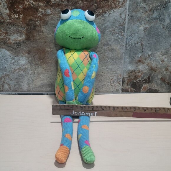 SCM Designs Knit Sock Frog Yellow Blue Stuffed Animal Plush Polka Dots 2011 - Picture 5 of 12